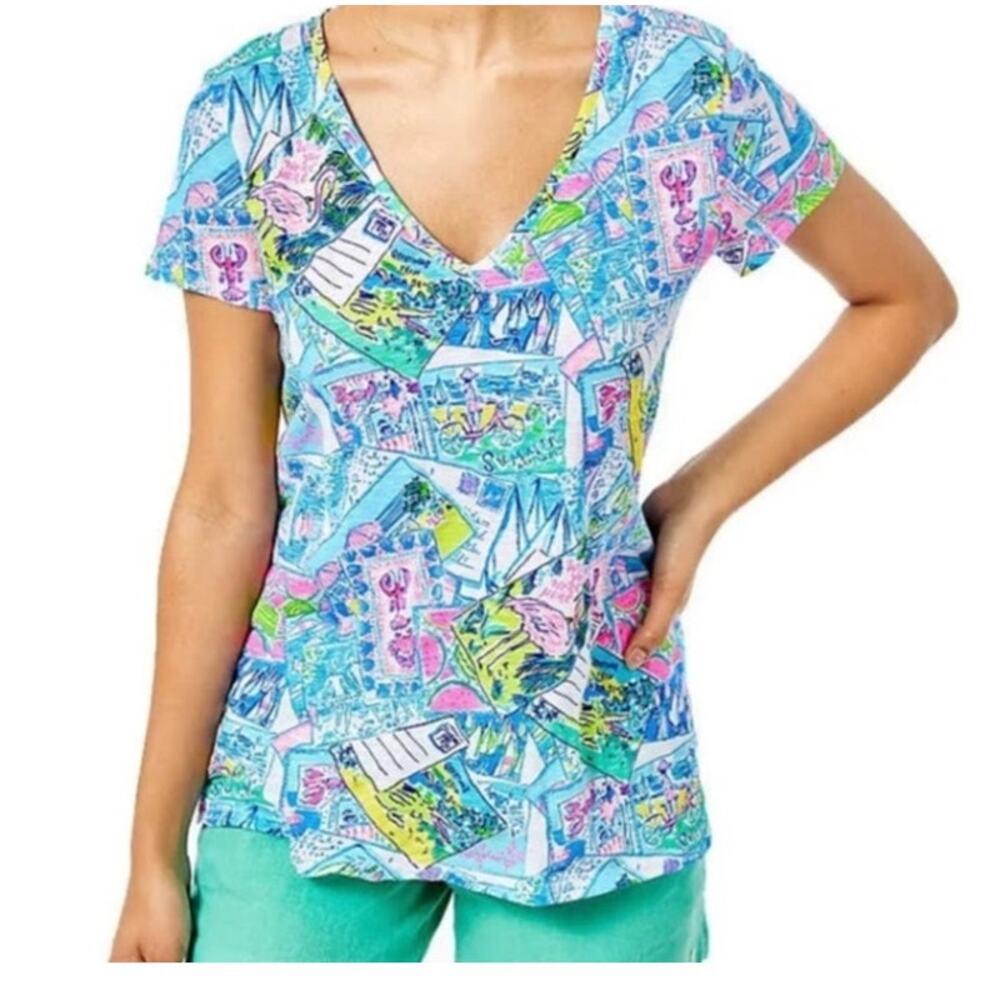 NWT LILLY PULITZER Etta Vneck Tee SMALL Wish You Were Here Postcard Print Cotton